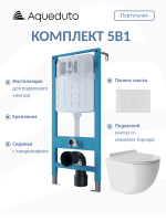 Комплект Aqueduto AQDS178T Унитаз подвесной Ovo безободковый, с микролифтом, смыв Tornado + Система инсталляции для унитазов Tecnica Novo + Кнопка смыва Circulo Novo белая глянцевая