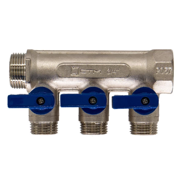 коллектор стм 3/4 вр(г) х 3 выхода 1/2 нр(ш) х 3/4 нр(ш) с шаровыми кранами (c3mb3412)