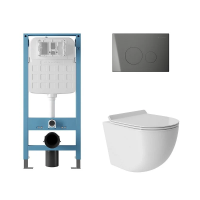 Комплект Aqueduto AQDS223T: инсталляция Tecnica Novo, Панель смыва CIRCULO Novo, оружейная сталь, Унитаз подвесной OVO Tornado S 480*360 безободковый, Tornado, сиденье с микролифтом, белый глянцевый