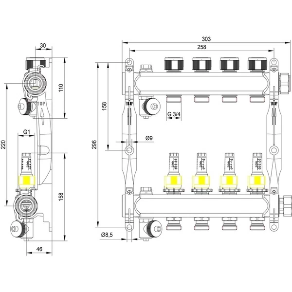 коллектор для теплого пола tece 1 вр(г) х 4 выхода 3/4 нр(ш) ек х 1 вр(г) с расходомерами, 77310004 коллектор для теплого пола tece 1 вр(г) х 4 выхода 3/4 нр(ш) ек х 1 вр(г) с расходомерами, 77310004