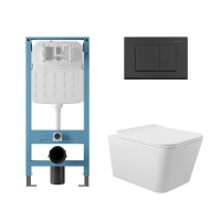 Aqueduto комплект: TECNICA Novo Система инсталляции для подвесного унитаза, QUADRADO Панель смыва, черный матовый, MACIO Tornado Унитаз подвесной 520*370 безободковый, Tornado, сиденье с микролифтом, белый глянцевый