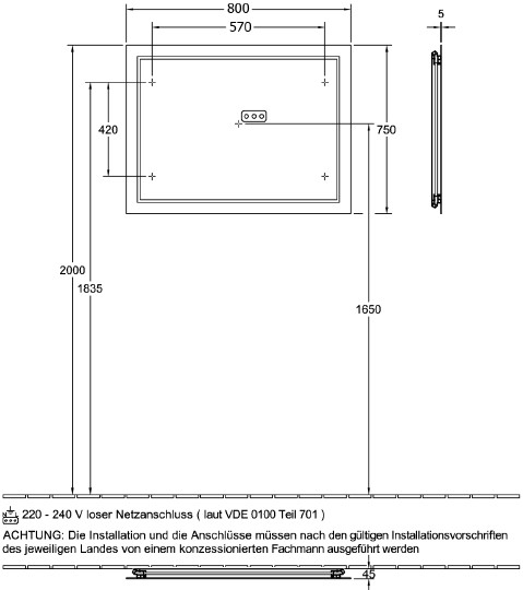 зеркало villeroy & boch finion g6008000 80 см, с настенным освещением