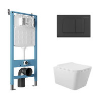 Комплект Aqueduto AQDS099: инсталляция Tecnica Novo, кнопка Quadrado - черный матовый, унитаз Macio безободковый, сиденье с микролифтом, белый глянцевый