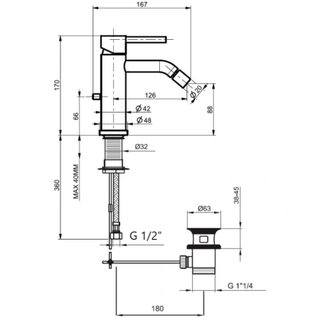 смеситель webert elio el840102560 для биде, с донным клапаном, черный матовый