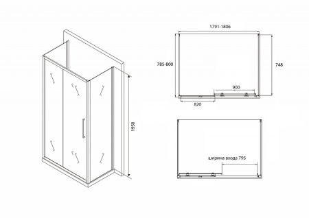 душевой уголок 180x80 см abber schwarzer diamant ag30180bh-s80b-s80b прозрачное