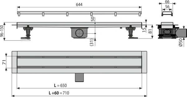 душевой лоток alcaplast apz13-double9-650 с решеткой и опорами