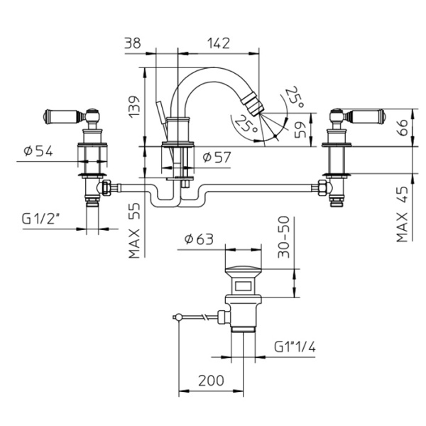 смеситель для биде bossini liberty z001402.022 на 3 отверстия с поворотным изливом и заглушкой 1”1/4, цвет: античная бронза