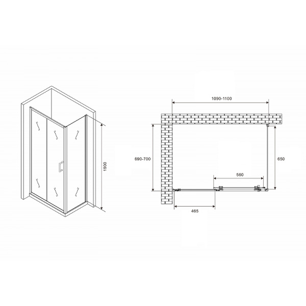 душевой уголок abber schwarzer diamant 110x70 ag30110b5-s70b5 профиль черный, стекло прозрачное