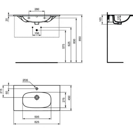 раковина полувстраиваемая ideal standard tesi t3509v3 80 см с отверстием под смеситель