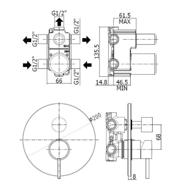 смеситель paffoni light lig019hgsp для ванны и душа, встраиваемый, с внутренней частью, 3 потребителя, золотой матовый