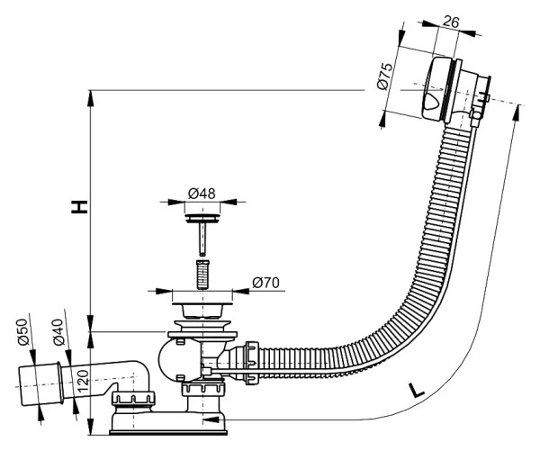 слив-перелив для ванны excellent sp.e-60 52 мм, полуавтомат, хром