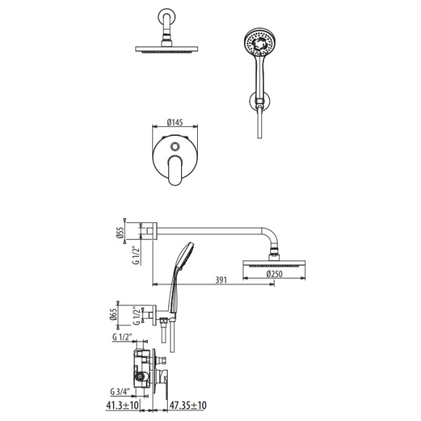 комплект для душа gattoni h2omix7000 7009070n0 (старый арт. kth715/pdno) со смесителем встроенным на 2 выхода, ручным душем с держателем и верхним душем 250 мм, цвет: черный матовый