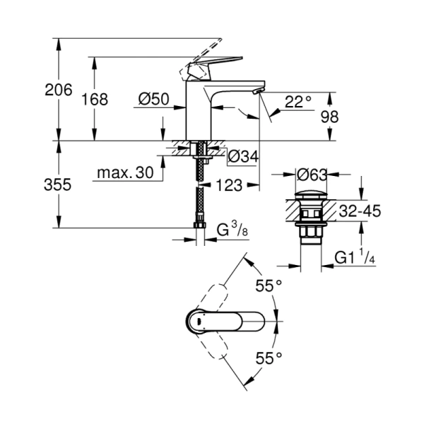 смеситель для раковины с донным клапаном grohe eurosmart cosmopolitan 23926000