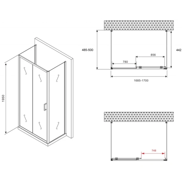 душевой уголок 170x50 см abber schwarzer diamant ag30170b-s50b-s50b прозрачное
