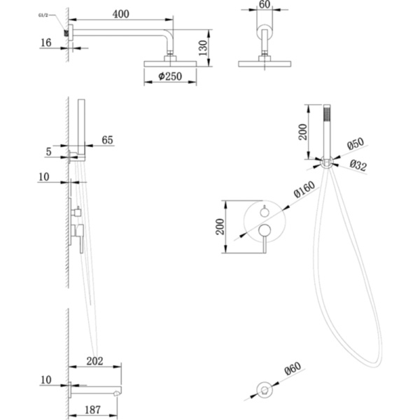 душевая система abber emotion af8817 встриваемая, излив, верхний душ, душевая лейка, цвет хром