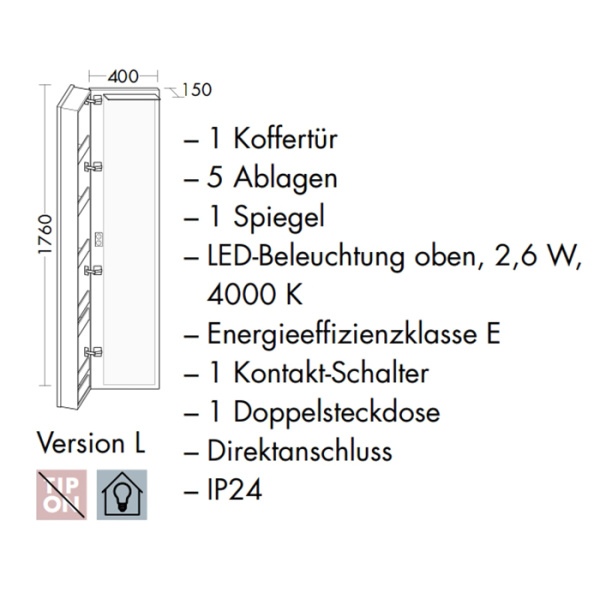 шкаф-пенал burgbad sys30 spij040l461, 40 см, подвесной, цвет белый глянцевый