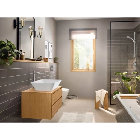 смеситель hansgrohe rebris e 72581000 для раковины, coolstart, с донным клапаном, высокий h30.3 см, излив 16.9 см, хром
