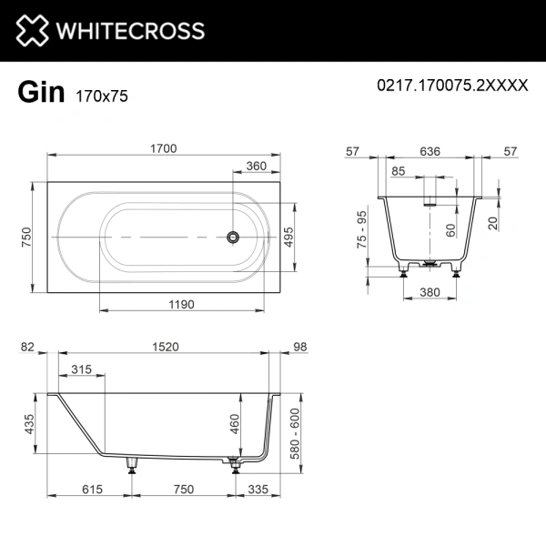ванна whitecross gin 0217.170075.2xxxx встраиваемая, с регулируемыми ножками и сифоном, композит, 170х75 см, по ral матовый