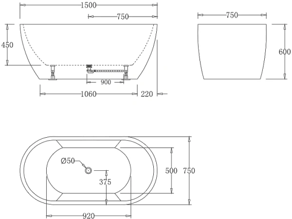 акриловая ванна belbagno 150x75 bb70-1500-w0 без гидромассажа