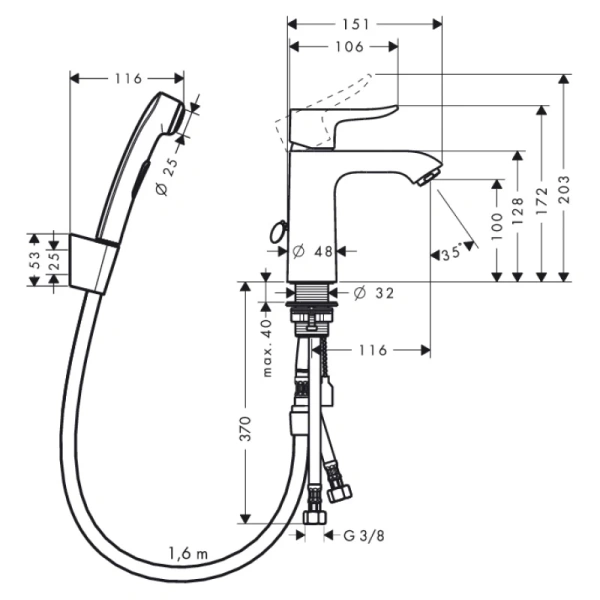 смеситель для раковины 110 с гигиеническим душем hansgrohe metris 31285000