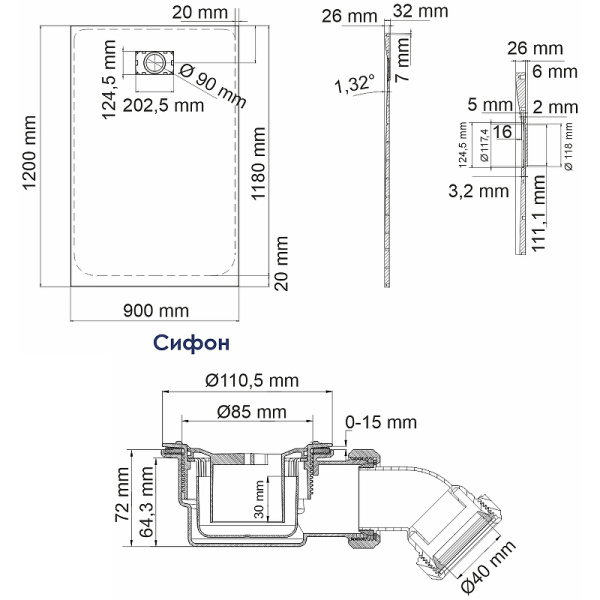 душевой поддон из стеклопластика wasserkraft main 120×90 41t07 белый матовый