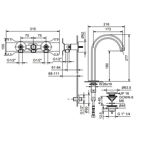 внутренняя часть fantini 19 00 5911a смесителя для раковины, на 1 отв. с настенным управлением, 1/2''