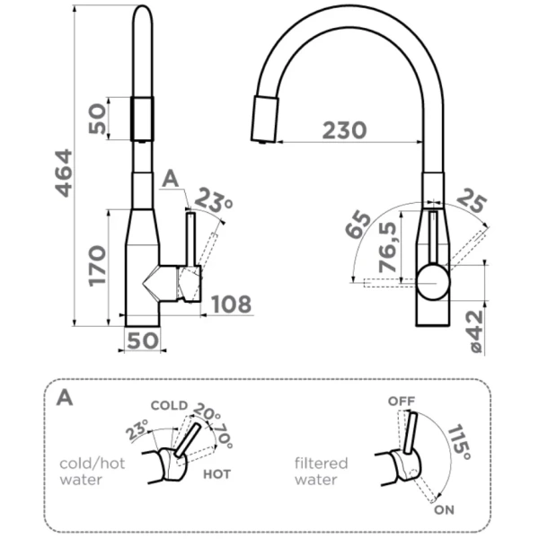 смеситель для кухни omoikiri yatomi 4994498 с подключением к фильтру для очистки воды, цвет графит, черный.