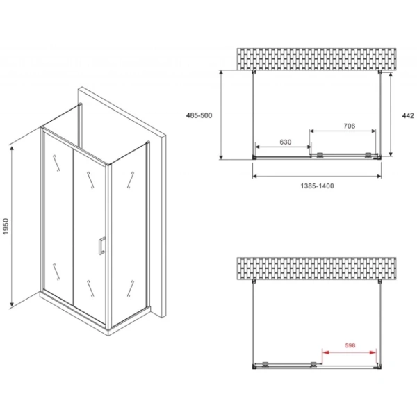 душевой уголок 140x50 см abber schwarzer diamant ag30140b-s50b-s50b прозрачное