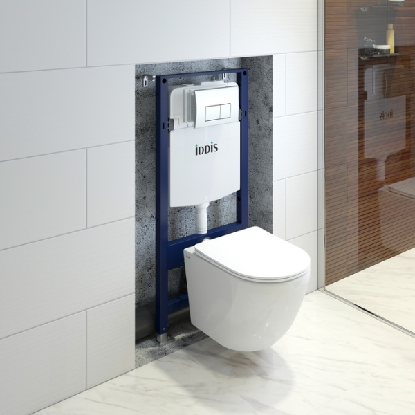 комплект инсталляция с унитазом iddis profix basb010i73 с кнопкой смыва, хром + унитаз подвесной iddis blanco безободковый, с сиденьем микролифт, белый