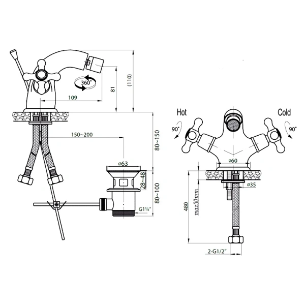 смеситель cezares nostalgia nostalgia-bs1-01 для биде, с донным клапаном, хром