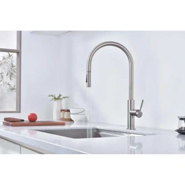 смеситель для кухни paulmark senso se215180-bs, с выдвижным изливом, сенсорное управление, цвет брашированная сталь