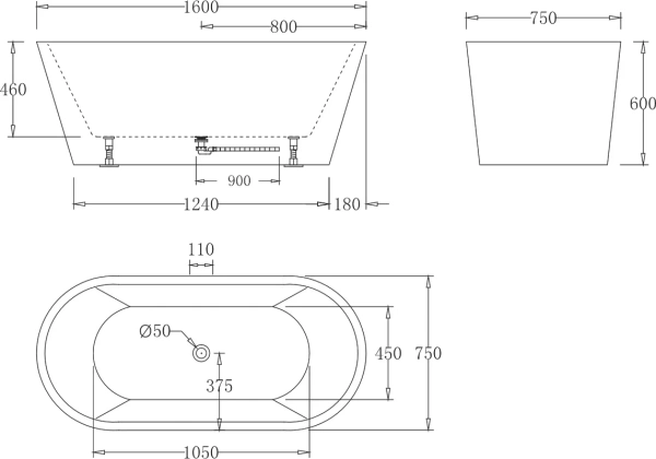акриловая ванна belbagno 160x75 bb71-1600-w0 без гидромассажа
