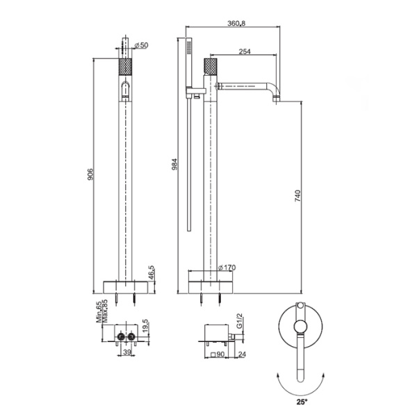 смеситель для ванны fima carlo frattini spillo tech f3034/6xns напольный, черный матовый