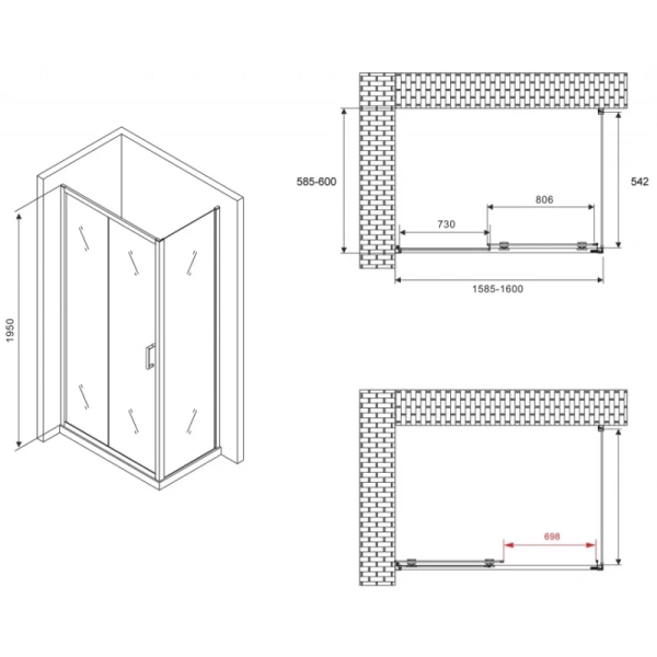 душевой уголок 160x60 см abber schwarzer diamant ag30160b-s60b прозрачное