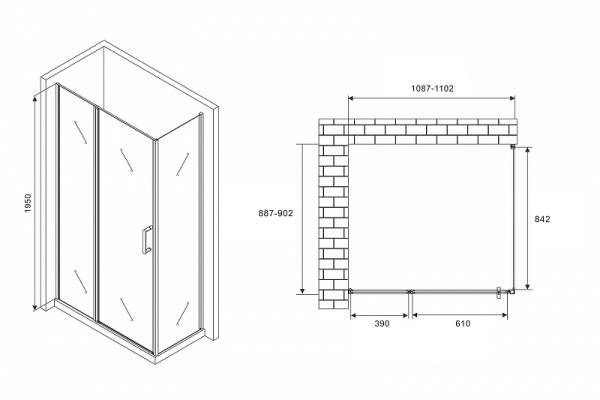 душевой уголок abber sonnenstrand 110x90 ag04110bs-s90b профиль черный, стекло прозрачное
