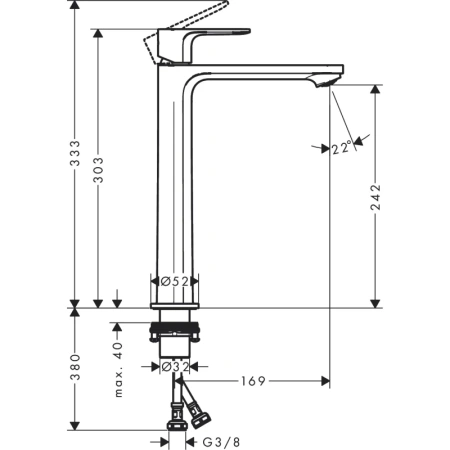 смеситель hansgrohe rebris e 72583000 для раковины, coolstart, без донного клапана, высокий h30.3 см, излив 16.9 см, хром