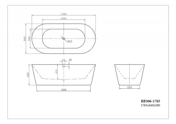 акриловая ванна belbagno 178х84 bb306-1785 без гидромассажа