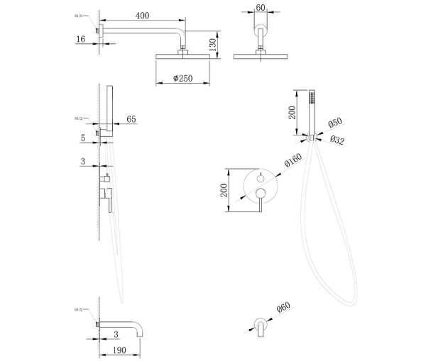 душевая система abber wasser kreis скрытого монтажа, излив, верхний душ, черный матовый, af8117b
