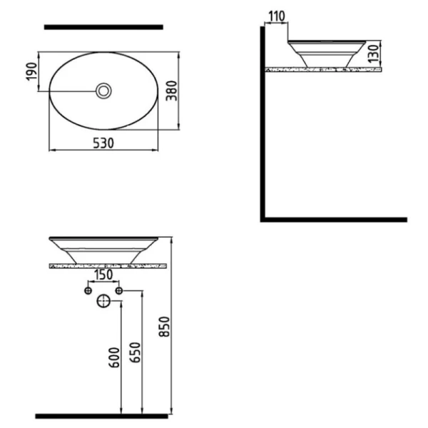 раковина bien dune dnlg05301fd0w3000 накладная, 53x38 см овальная, белая