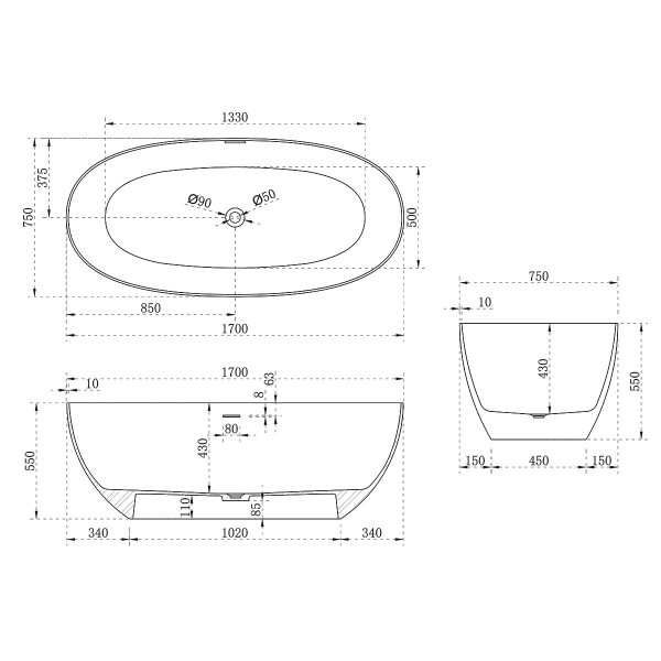 ванна из искусственного камня vincea 170x75 vbt-6s01mw белая матовая без гидромассажа