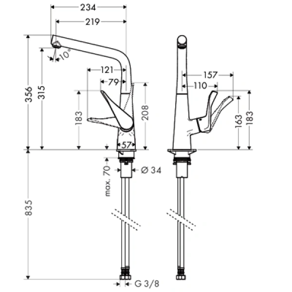смеситель для кухни hansgrohe metris m71 14822000, хром