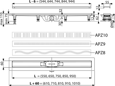 душевой лоток alcaplast apz10-simple 550 с решеткой и опорами