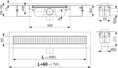 душевой лоток alcaplast apz1smart-line-650 с опорами и решеткой