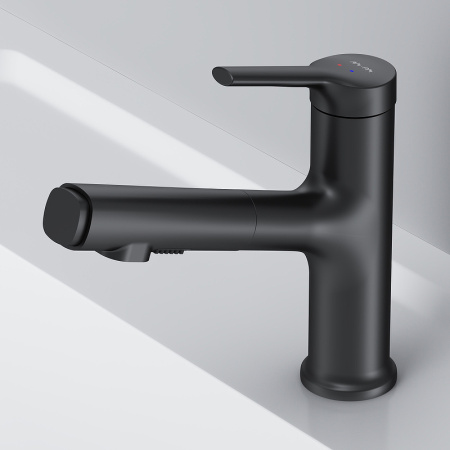 смеситель для раковины с вытяжным изливом am.pm x-joy f85b02922, черный матовый