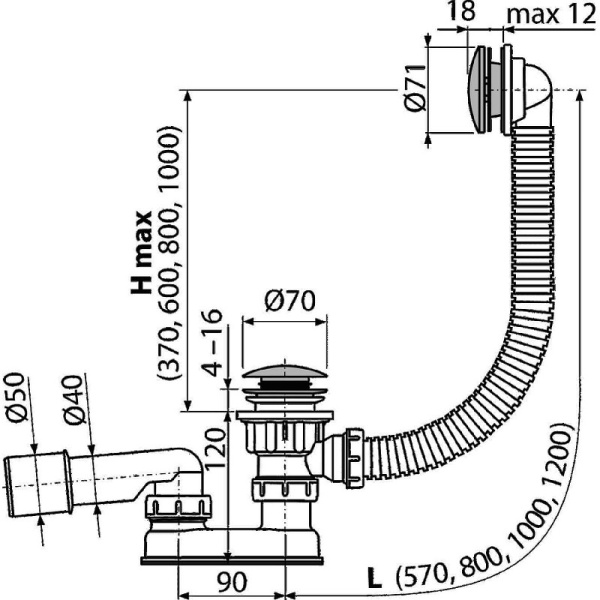 слив-перелив для ванны alcaplast a504ckm-120