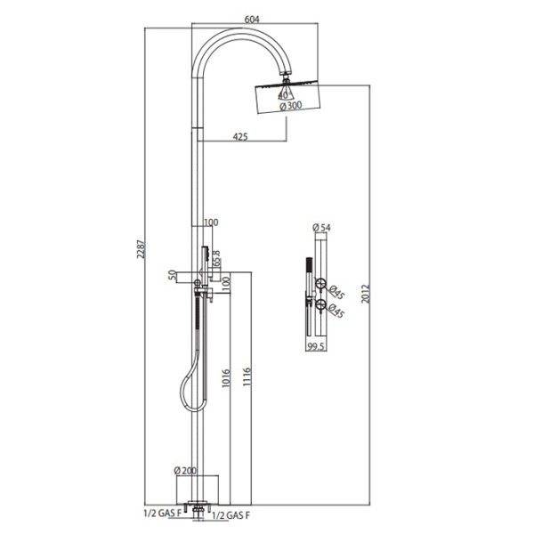 душевая колонна bossini tetis l00387.030, h2285 мм, верхний душ ø300 мм, 2 прогрессивных смесителя, цвет: хром
