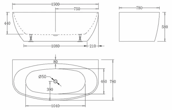 акриловая ванна belbagno 150x78 bb83-1500-w0 без гидромассажа