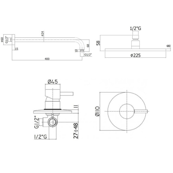 душевой комплект paffoni light kitlig011cr 22.5 см, хром глянцевый