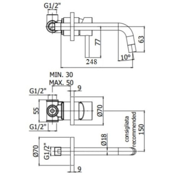 смеситель paffoni light lig007bo70 для раковины, без донного клапана, встраиваемый, с внутренней частью, излив 24.8 см, белый матовый