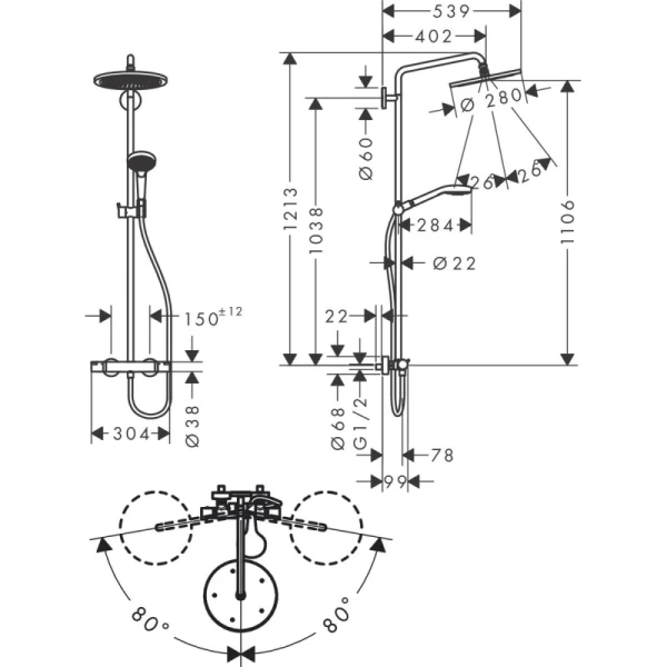 душевая система hansgrohe croma select s showerpipe 280 1jet 26890140